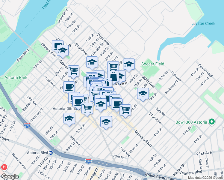 map of restaurants, bars, coffee shops, grocery stores, and more near 21-21 31st Street in Queens