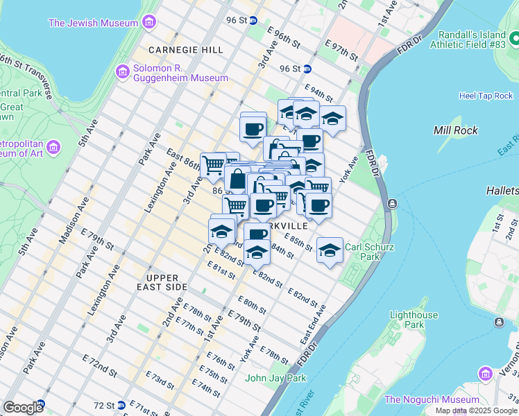 map of restaurants, bars, coffee shops, grocery stores, and more near 336 East 86th Street in New York
