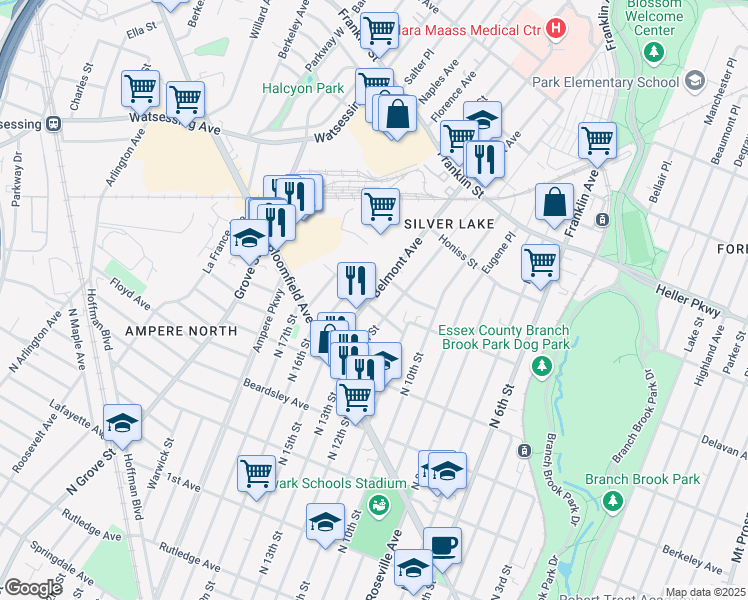 map of restaurants, bars, coffee shops, grocery stores, and more near 80 Belmont Avenue in Belleville