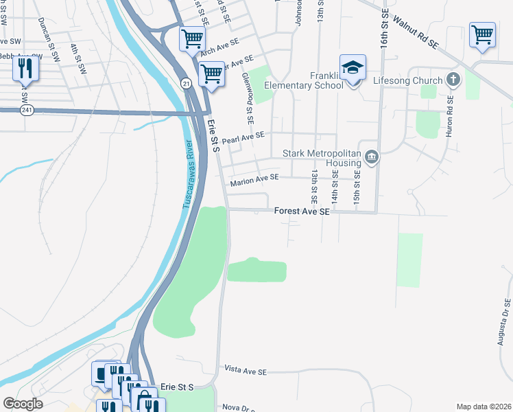 map of restaurants, bars, coffee shops, grocery stores, and more near 61 Chester Avenue Southeast in Massillon