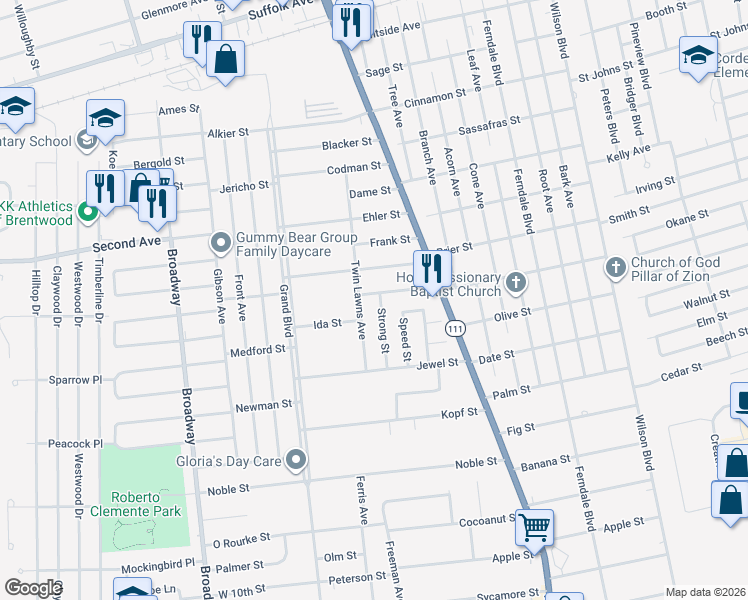 map of restaurants, bars, coffee shops, grocery stores, and more near 23 Hagen Street in Brentwood