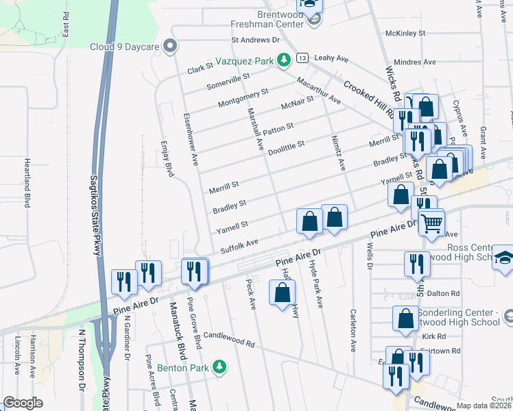 map of restaurants, bars, coffee shops, grocery stores, and more near 21 Bradley Street in Brentwood