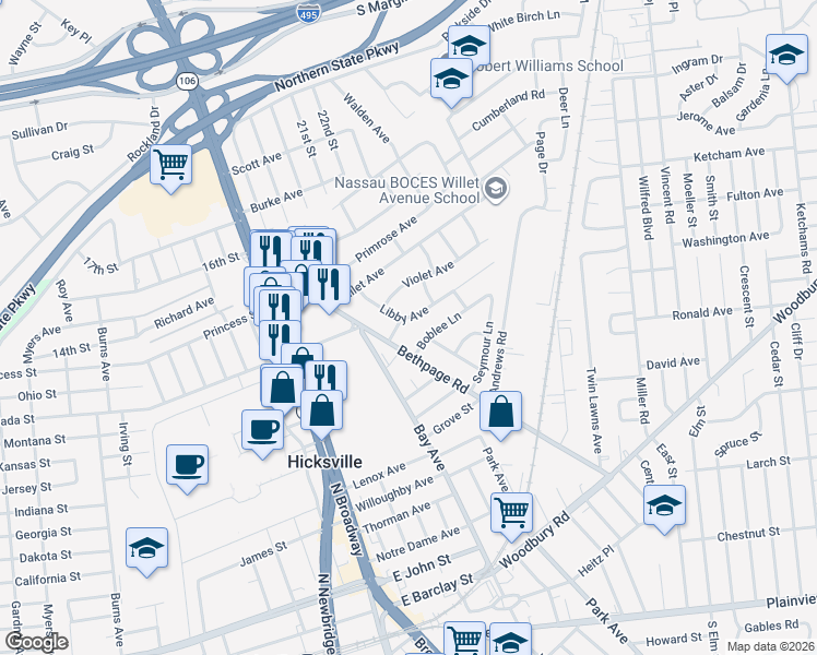 map of restaurants, bars, coffee shops, grocery stores, and more near 24 Libby Avenue in Hicksville