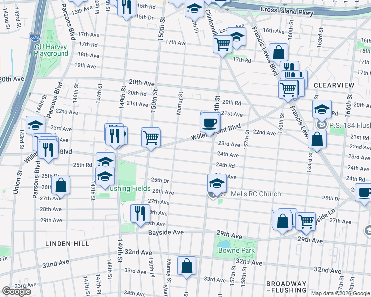 map of restaurants, bars, coffee shops, grocery stores, and more near 151-10 Willets Point Boulevard in Queens