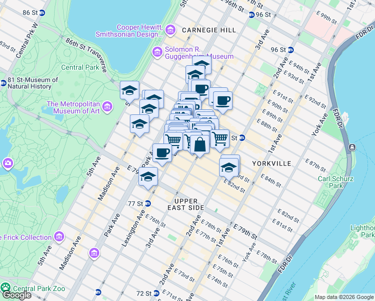 map of restaurants, bars, coffee shops, grocery stores, and more near 1470 3rd Avenue in New York