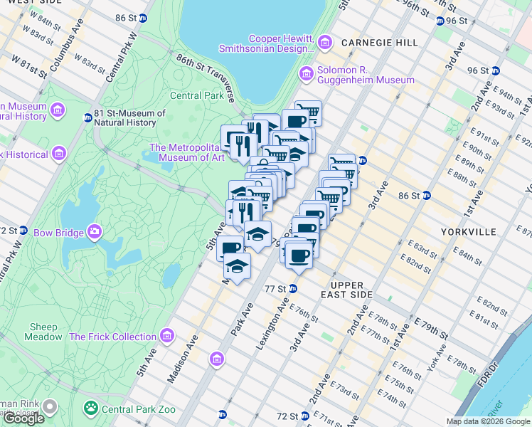 map of restaurants, bars, coffee shops, grocery stores, and more near 6 East 80th Street in New York