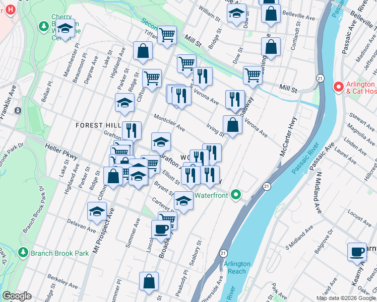 map of restaurants, bars, coffee shops, grocery stores, and more near 108-110 Montclair Avenue in Newark
