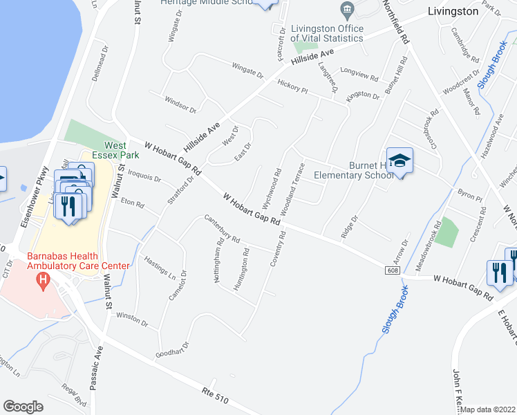 map of restaurants, bars, coffee shops, grocery stores, and more near 12 Wychwood Road in Livingston