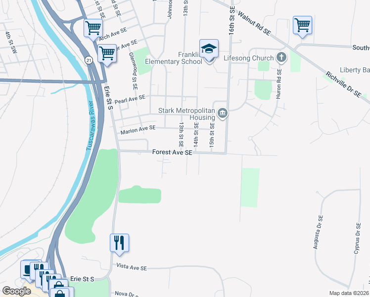 map of restaurants, bars, coffee shops, grocery stores, and more near 1731 14th Street Southeast in Massillon