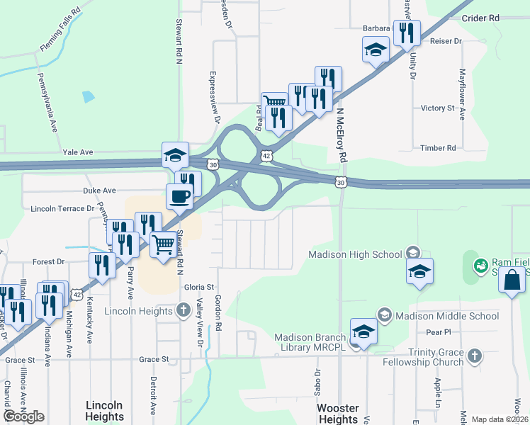 map of restaurants, bars, coffee shops, grocery stores, and more near 1221-1243 Evergreen Avenue West in Mansfield