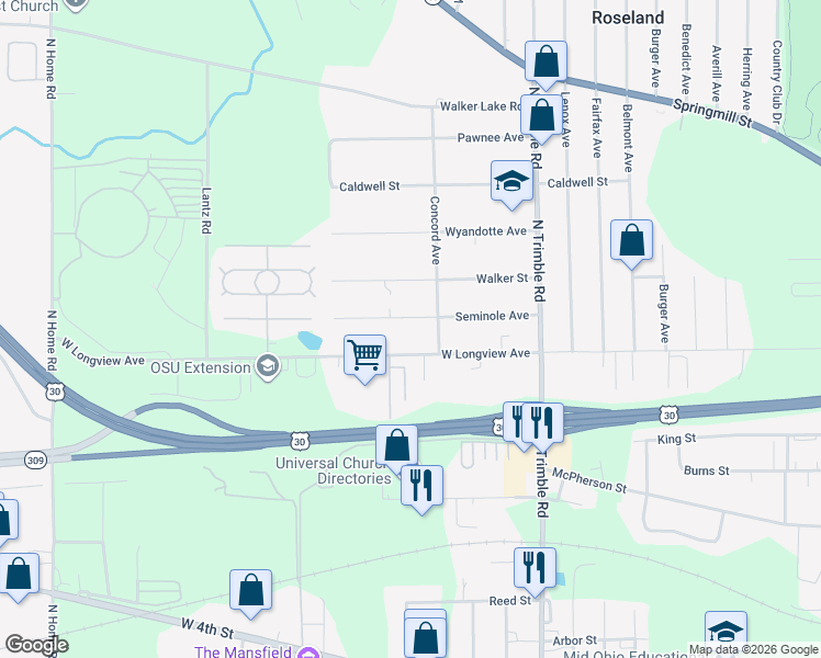 map of restaurants, bars, coffee shops, grocery stores, and more near 1170 Seminole Ave in Mansfield