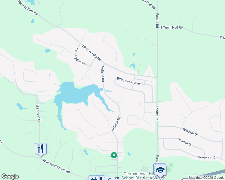 map of restaurants, bars, coffee shops, grocery stores, and more near 410 Bittersweet Avenue in Germantown Hills