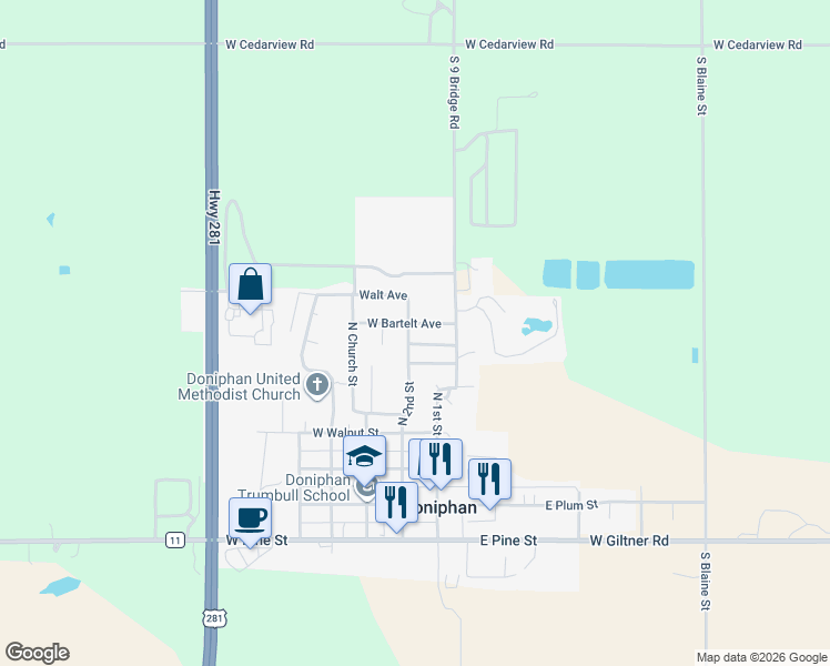 map of restaurants, bars, coffee shops, grocery stores, and more near 100-198 West Bartelt Avenue in Doniphan