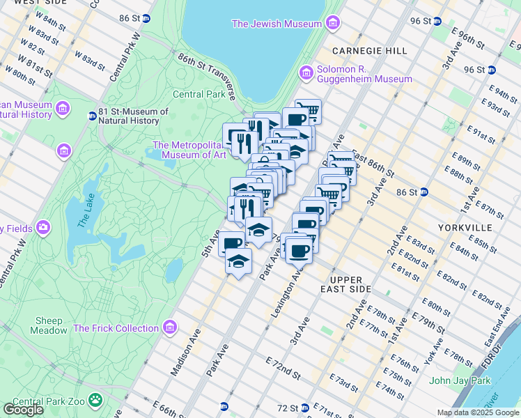 map of restaurants, bars, coffee shops, grocery stores, and more near 30 East 80th Street in New York