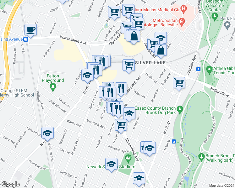 map of restaurants, bars, coffee shops, grocery stores, and more near 37 Edison Street in Bloomfield