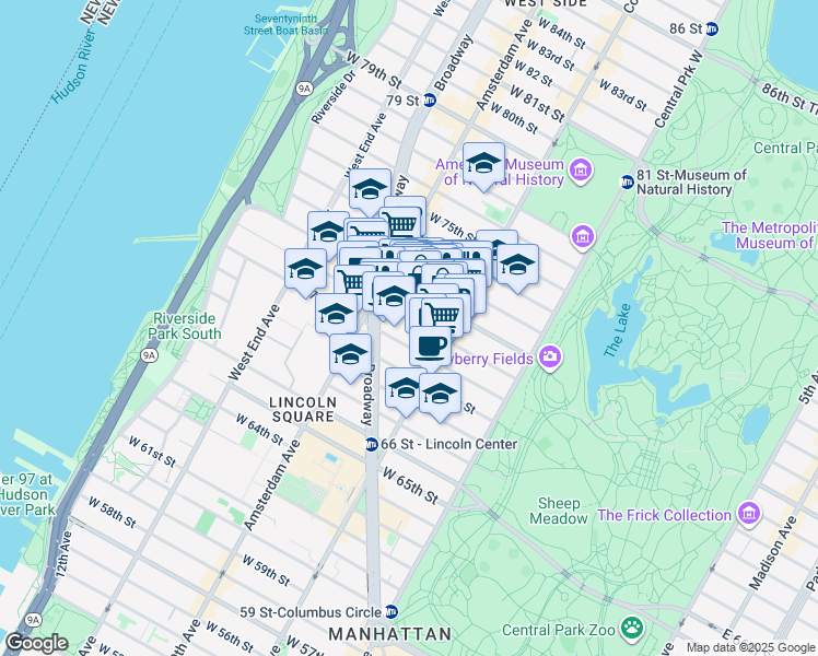map of restaurants, bars, coffee shops, grocery stores, and more near 141 West 72nd Street in New York
