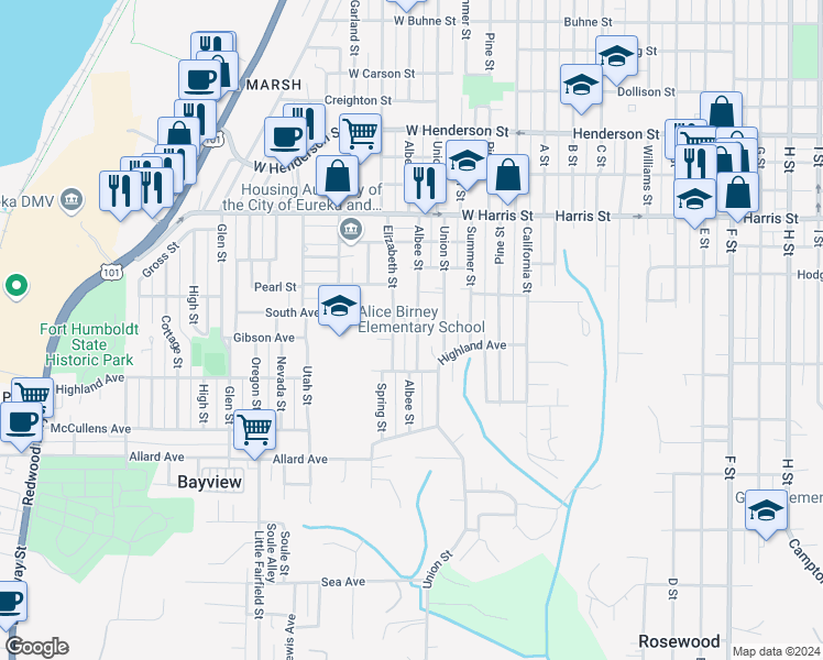 map of restaurants, bars, coffee shops, grocery stores, and more near 3448 Albee Street in Eureka