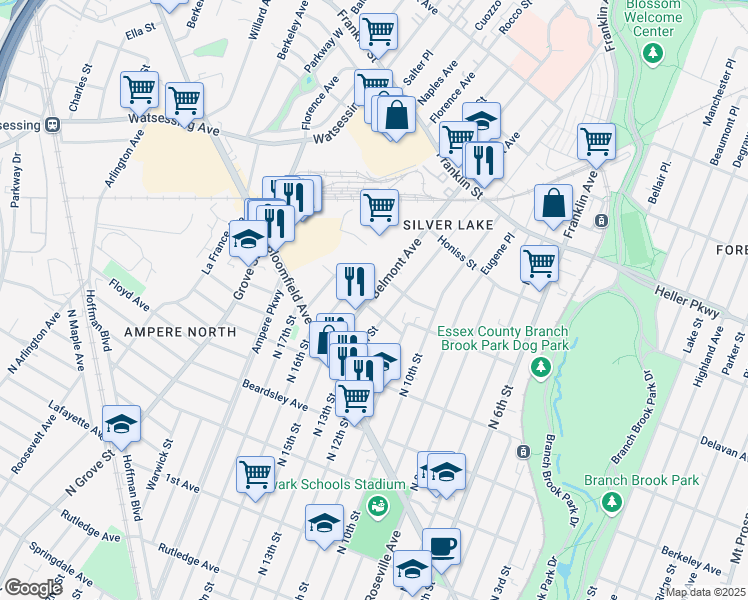 map of restaurants, bars, coffee shops, grocery stores, and more near 66 Belmont Avenue in Belleville