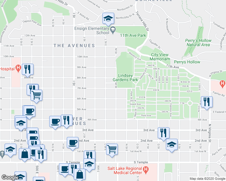 map of restaurants, bars, coffee shops, grocery stores, and more near 780 7th Avenue in Salt Lake City