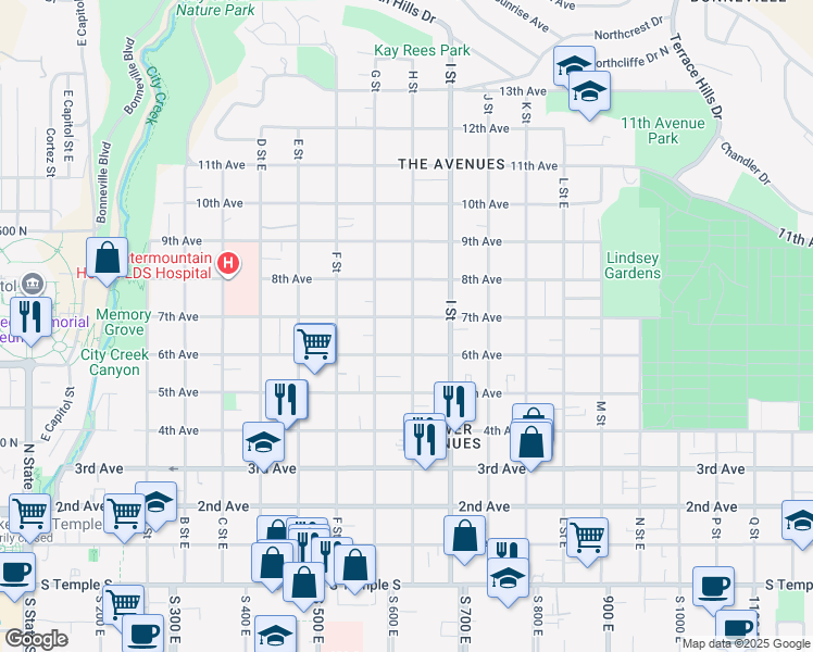 map of restaurants, bars, coffee shops, grocery stores, and more near 555 7th Avenue in Salt Lake City