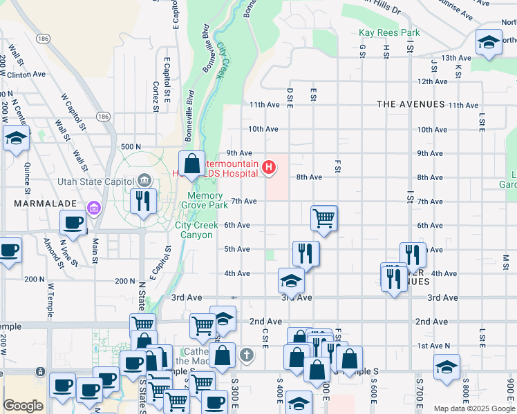 map of restaurants, bars, coffee shops, grocery stores, and more near 340 C Street East in Salt Lake City