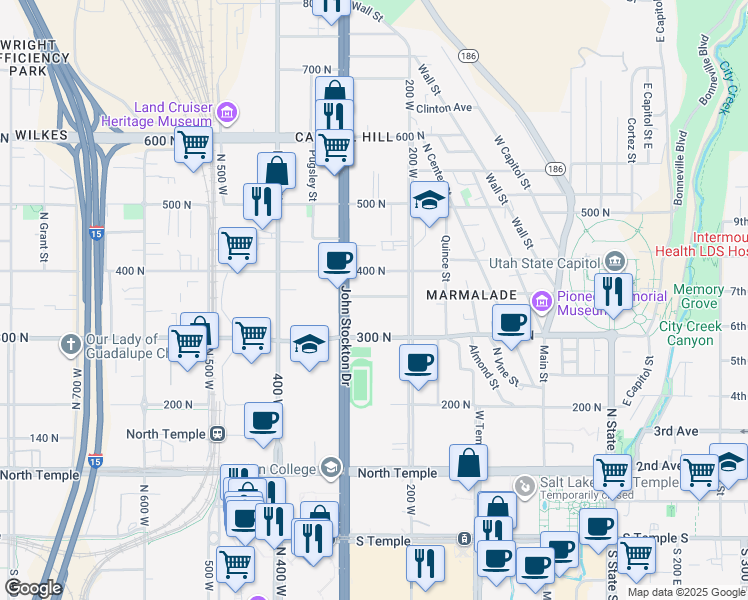 map of restaurants, bars, coffee shops, grocery stores, and more near 252 West Ardmore Place in Salt Lake City