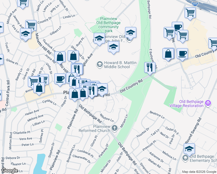 map of restaurants, bars, coffee shops, grocery stores, and more near 25 Bradford Road in Plainview