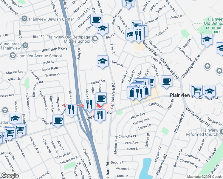 map of restaurants, bars, coffee shops, grocery stores, and more near 16 Garnet Lane in Plainview