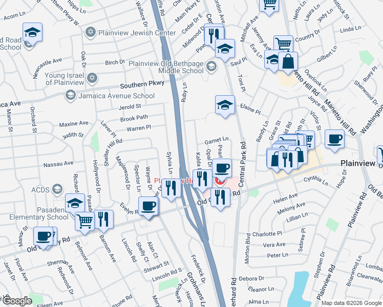 map of restaurants, bars, coffee shops, grocery stores, and more near 64 Ruby Lane in Plainview