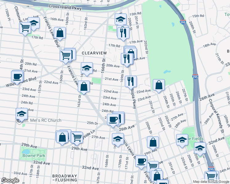 map of restaurants, bars, coffee shops, grocery stores, and more near 166-64 21st Road in Queens