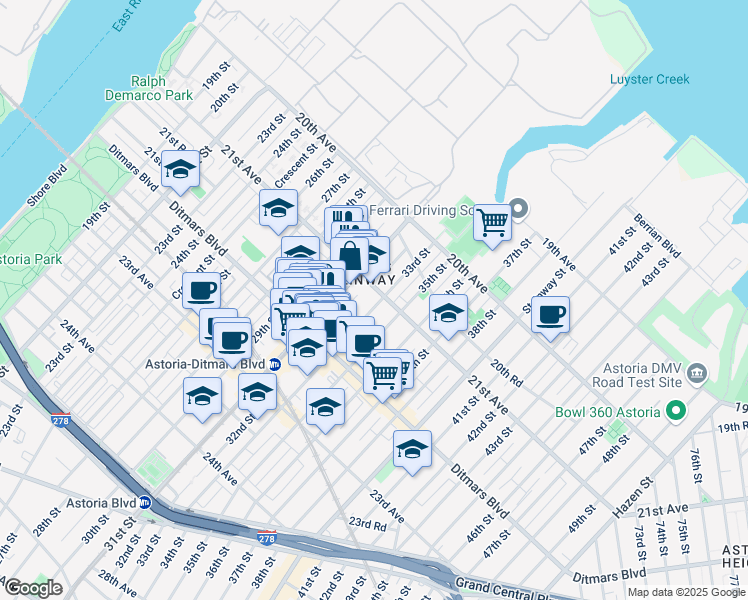map of restaurants, bars, coffee shops, grocery stores, and more near in Queens