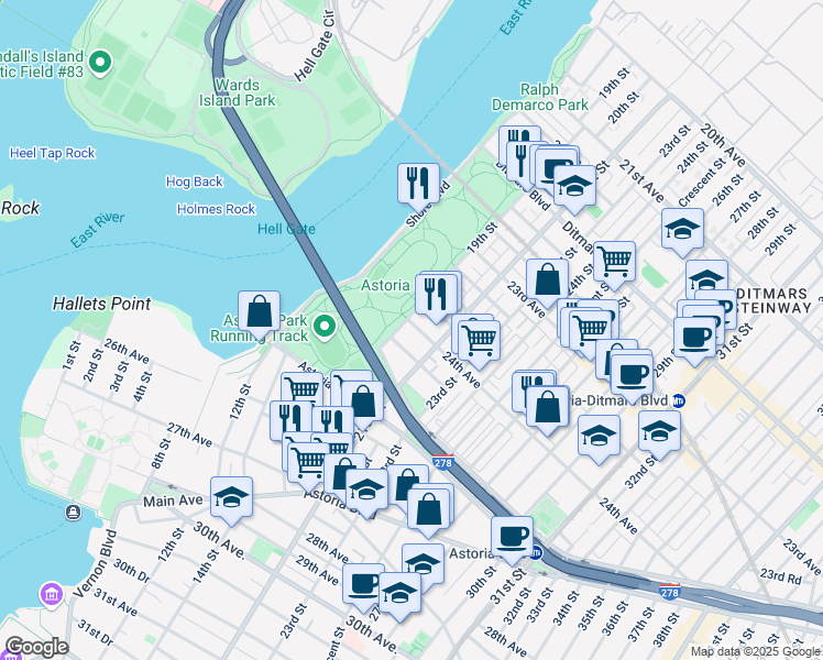 map of restaurants, bars, coffee shops, grocery stores, and more near in Queens