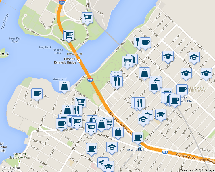 map of restaurants, bars, coffee shops, grocery stores, and more near in Queens