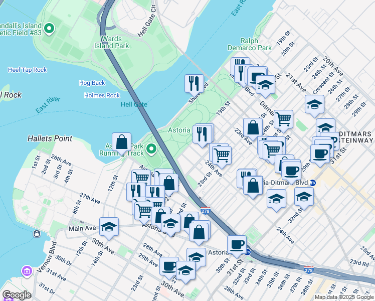 map of restaurants, bars, coffee shops, grocery stores, and more near in Queens