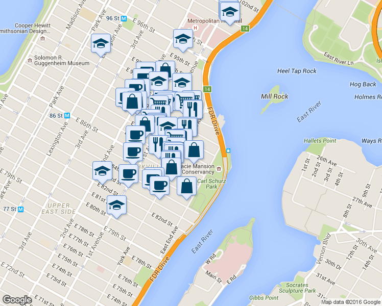 map of restaurants, bars, coffee shops, grocery stores, and more near in New York