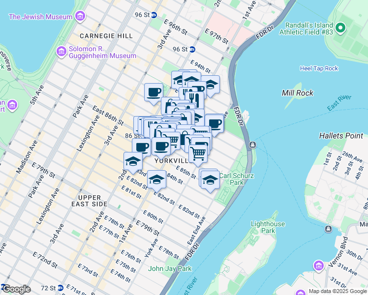 map of restaurants, bars, coffee shops, grocery stores, and more near 1689 1st Avenue in New York