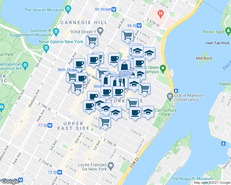 map of restaurants, bars, coffee shops, grocery stores, and more near 1661 1st Avenue in New York