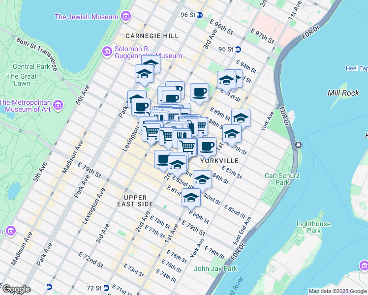 map of restaurants, bars, coffee shops, grocery stores, and more near 229 East 85th Street in New York