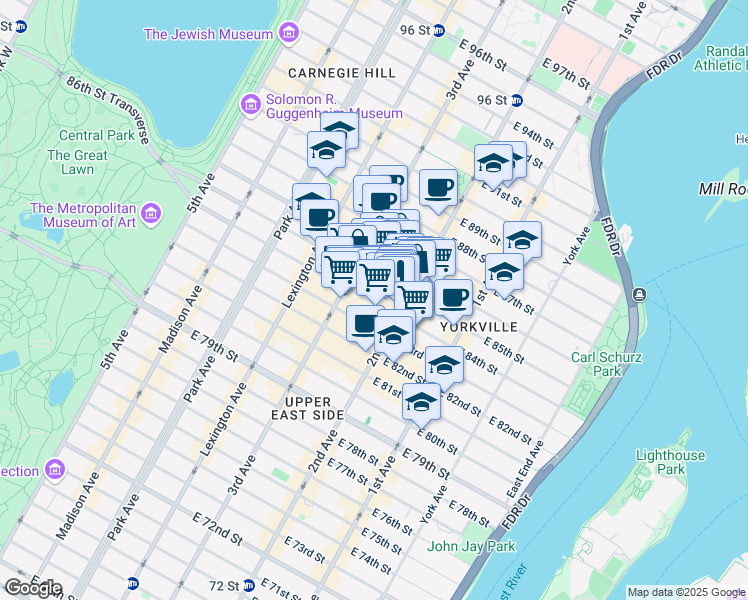 map of restaurants, bars, coffee shops, grocery stores, and more near 229 East 85th Street in New York