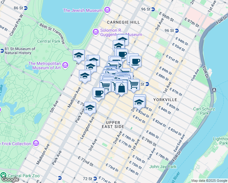 map of restaurants, bars, coffee shops, grocery stores, and more near 1470 3rd Avenue in New York