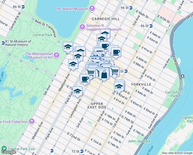 map of restaurants, bars, coffee shops, grocery stores, and more near 1470 3rd Avenue in New York