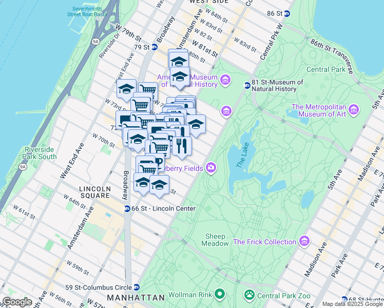 map of restaurants, bars, coffee shops, grocery stores, and more near 24 West 73rd Street in New York