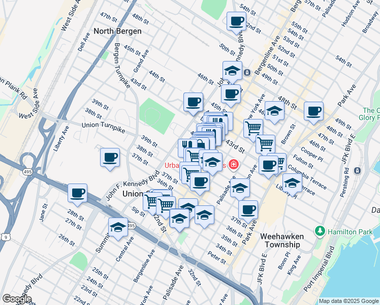 map of restaurants, bars, coffee shops, grocery stores, and more near 524 41st Street in Union City