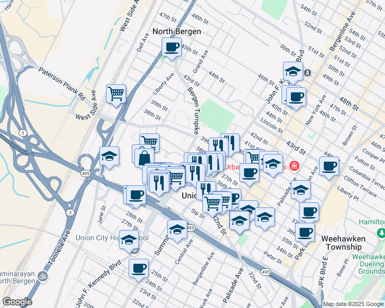 map of restaurants, bars, coffee shops, grocery stores, and more near 3709 Bergen Turnpike in North Bergen