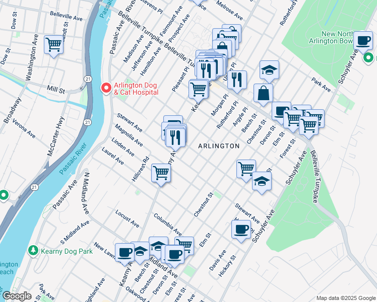 map of restaurants, bars, coffee shops, grocery stores, and more near 65 Stuyvesant Avenue in Kearny