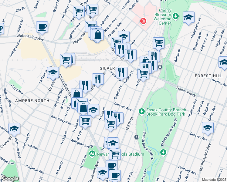 map of restaurants, bars, coffee shops, grocery stores, and more near 12 Lake Street in Belleville