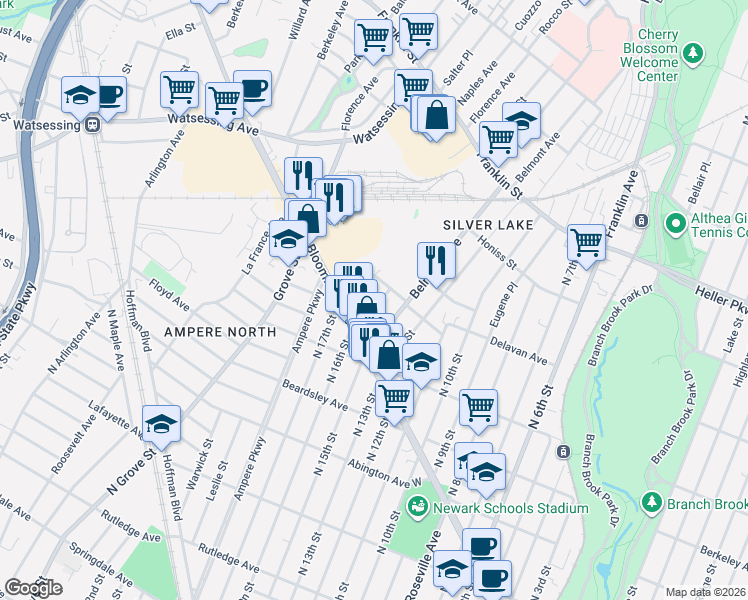 map of restaurants, bars, coffee shops, grocery stores, and more near 25 Columbus Street in Bloomfield