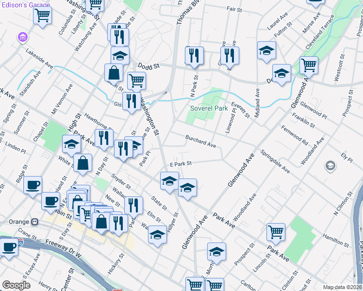 map of restaurants, bars, coffee shops, grocery stores, and more near 99 Burchard Avenue in East Orange