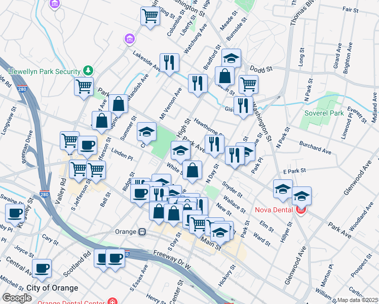 map of restaurants, bars, coffee shops, grocery stores, and more near 213 Snyder Street in City of Orange