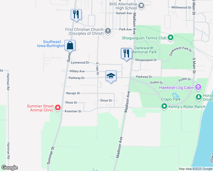 map of restaurants, bars, coffee shops, grocery stores, and more near 1313 Parkway Drive in Burlington